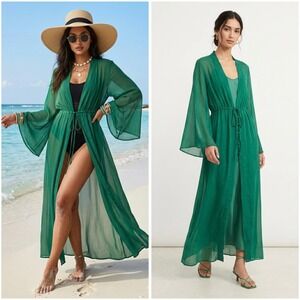 Alexandra Miro Emerald Green Betty Kimono Maxi Robe Cover Up Sheer Chiffon Large